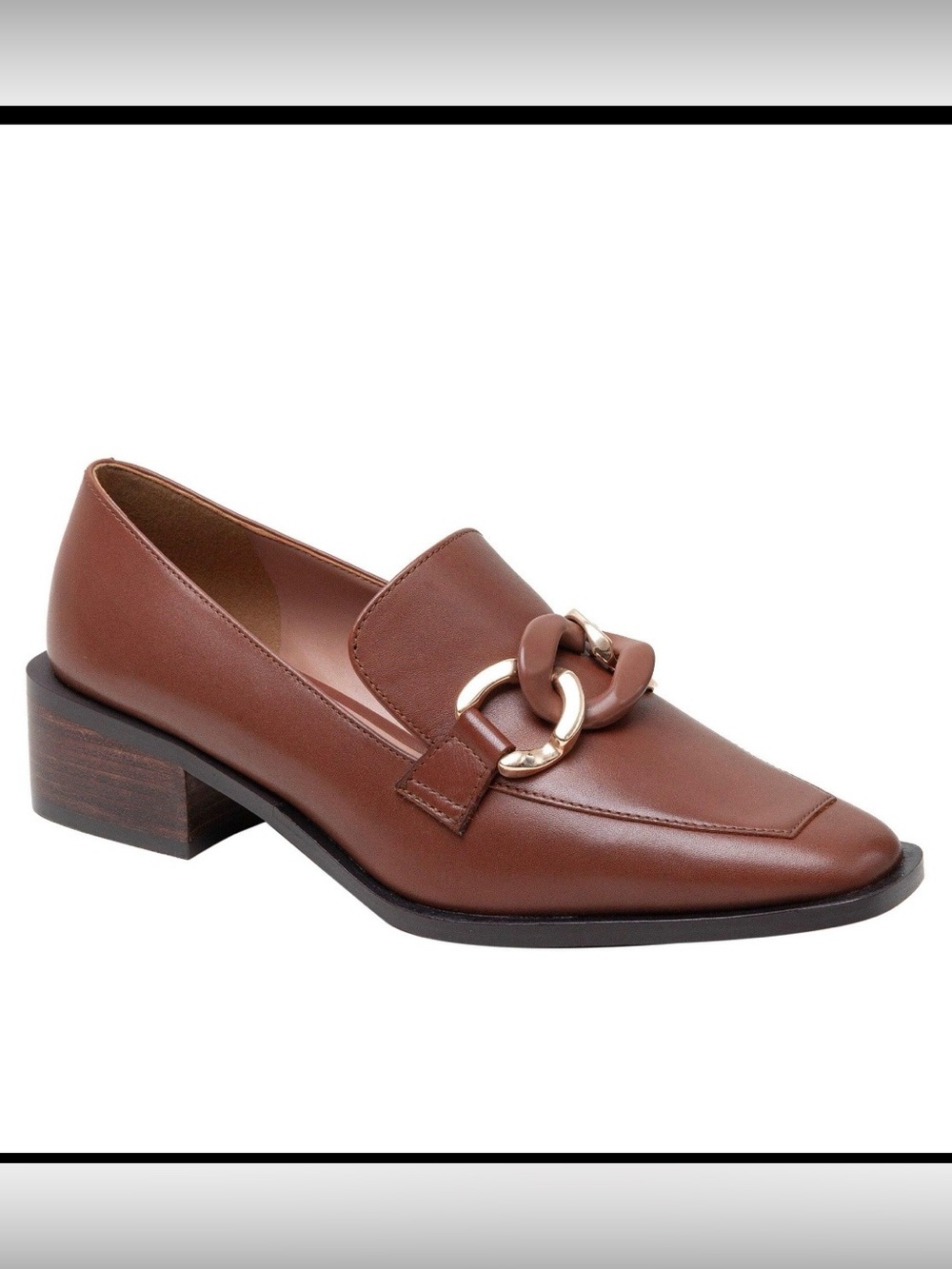 Linea Paolo Chrystie Womens 5 Cognac Leather Chain Block Heel Loafers NIB